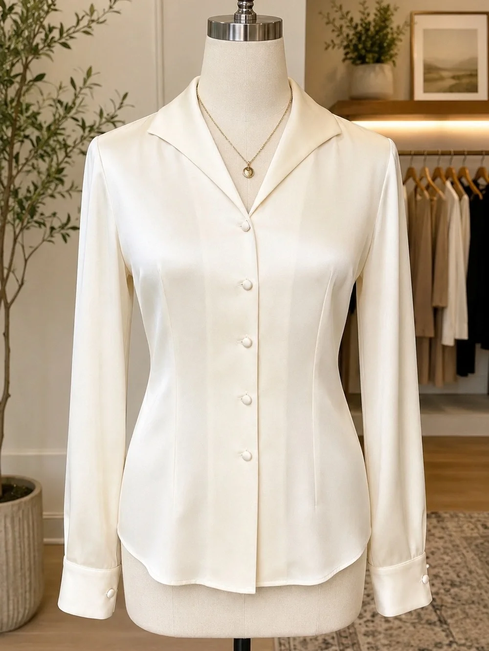 INC 100% Silk Ivory Covered Button Satin Blouse Women’s Size 10 Career